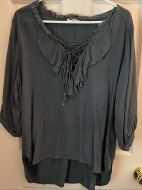 entro Washed Charcoal Ruffle Lace-Up Tunic